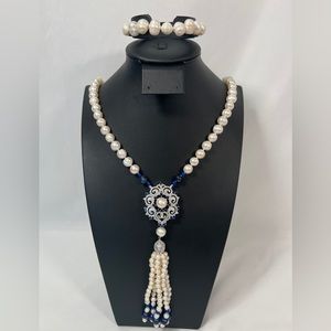 Vintage Long Cultured Pearl Blue w/White and Blue Tourmaline and Lapis Lazuli